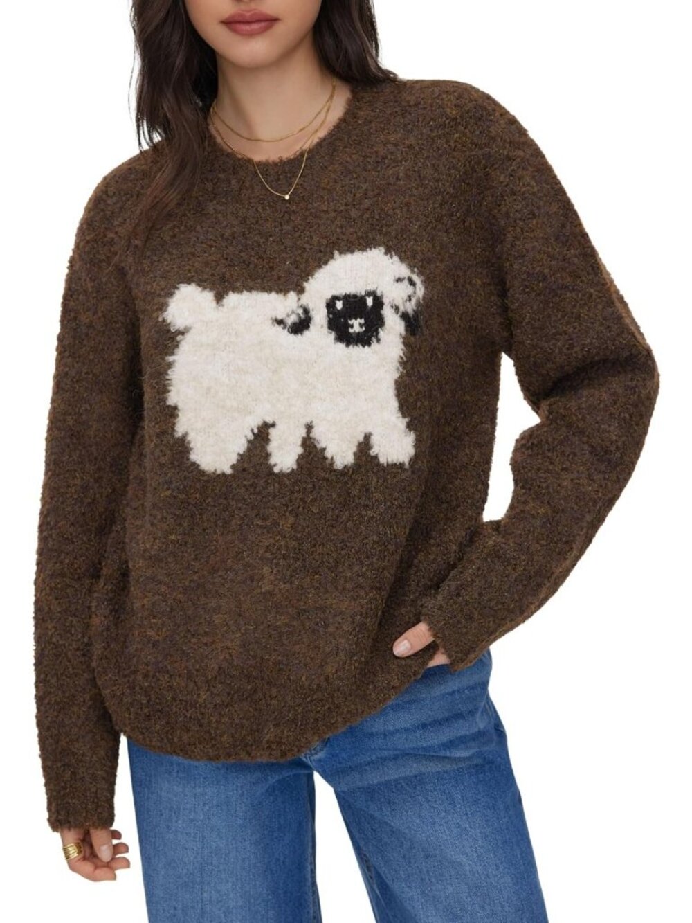 Cozy Oversized Wool Blend Sweater for Women | Cute Sheep Pattern Pullover - Picture 2 of 8